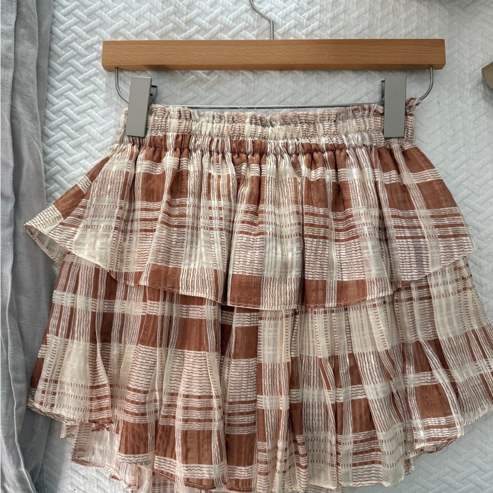 LoveShackFancy Plaid Ruffle Mini Skirt in Brown and Cream